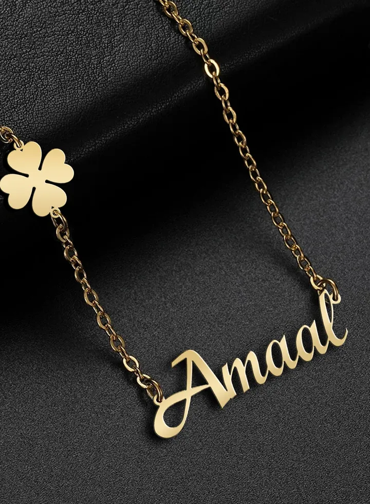 Women's necklace, clover flower pendant, chain with English name pendant, 925 silver, gold plated, Amaal name