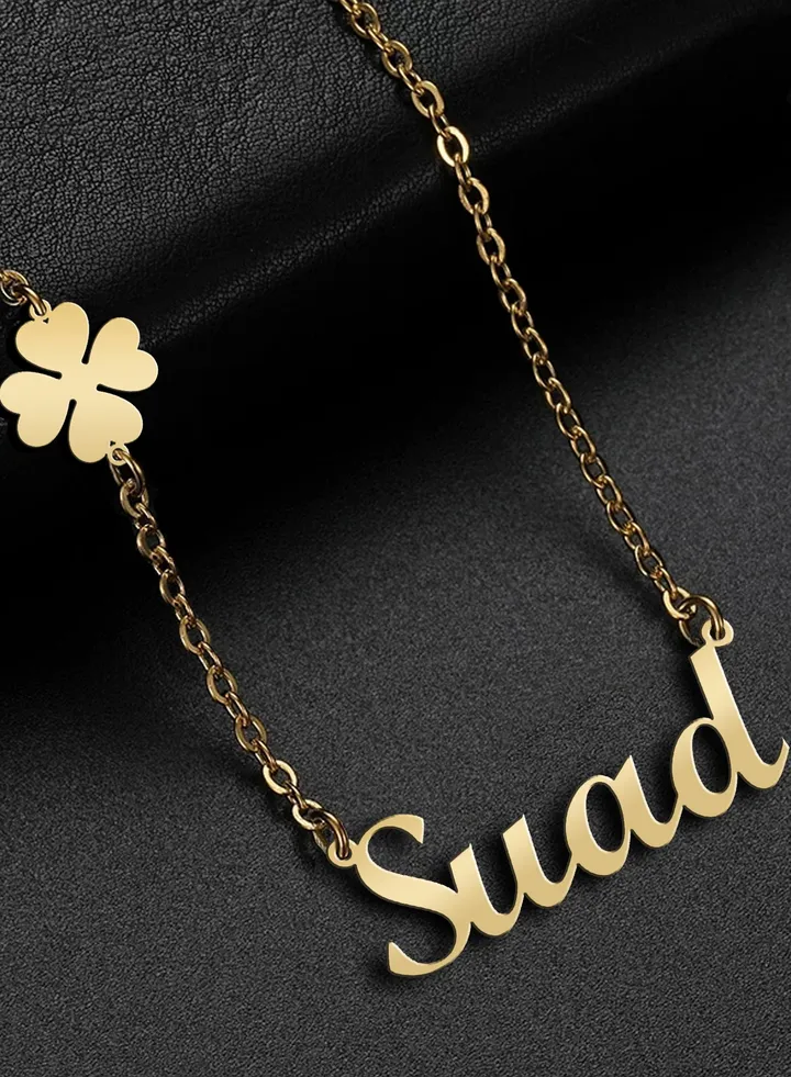 Women's necklace, clover flower pendant, chain with English name pendant, 925 silver, gold plated, Suad name
