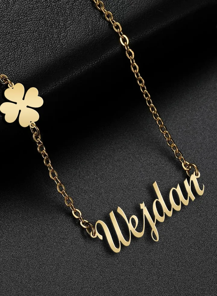 Women's necklace, clover flower pendant, chain with English name pendant, 925 silver, gold plated, Wejdan name