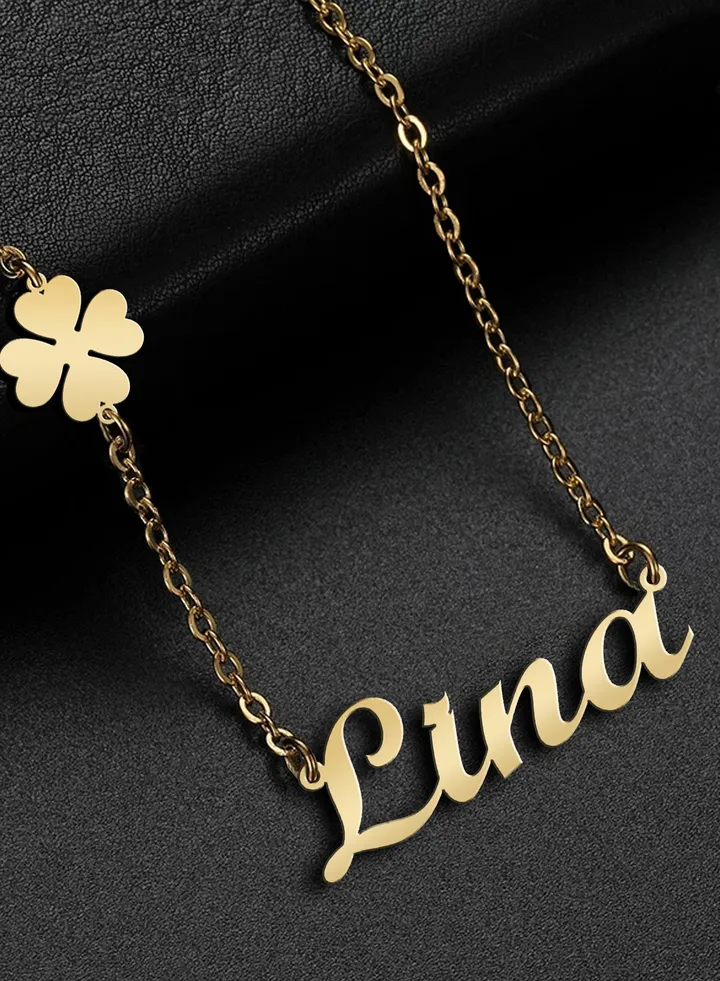 Women's necklace, clover flower pendant, chain with English name pendant, 925 silver, gold plated, Lina name