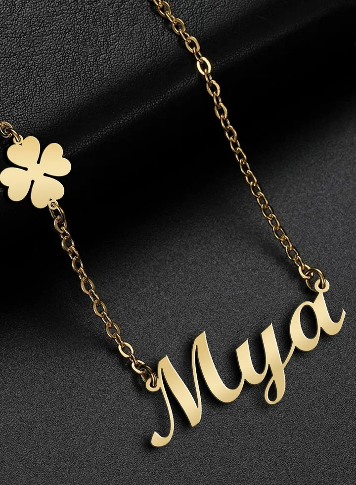 Women's necklace, clover flower pendant, chain with English name pendant, 925 silver, gold plated, Mya name