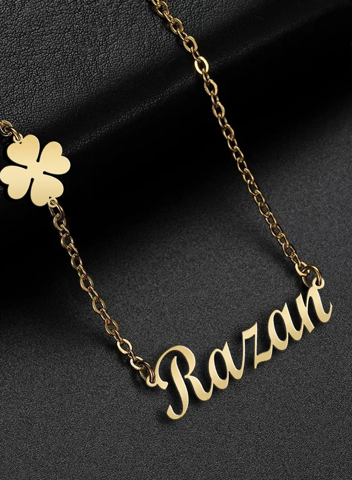 Women's necklace, clover flower pendant, chain with English name pendant, 925 silver, gold plated, Razan name