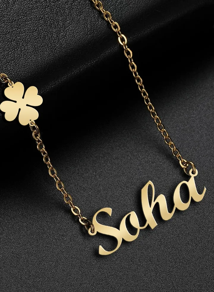 Women's necklace, clover flower pendant, chain with English name pendant, 925 silver, gold plated, Soha name
