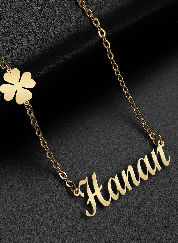 Women's necklace, clover flower pendant, chain with English name pendant, 925 silver, gold plated, Hanan name