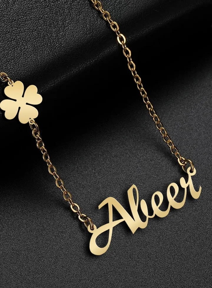 Women's necklace, clover flower pendant, chain with English name pendant, 925 silver, gold plated, Abeer name
