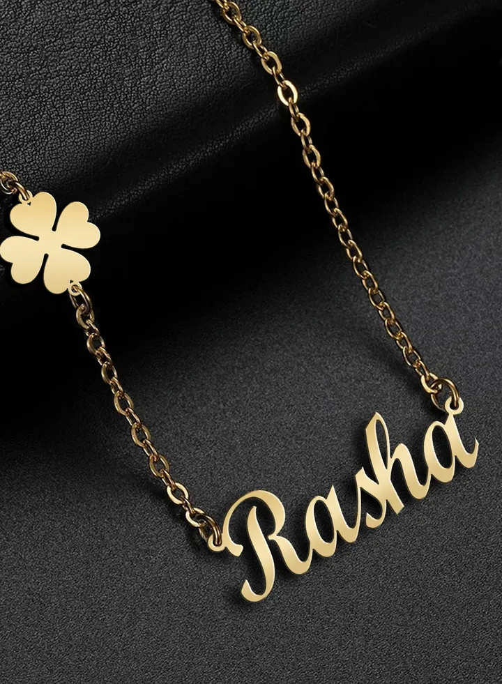 Women's necklace, clover flower pendant, chain with English name pendant, 925 silver, gold plated, Rasha name