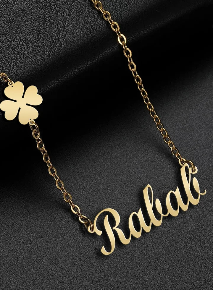 Women's necklace, clover flower pendant, chain with English name pendant, 925 silver, gold plated, Rabab name