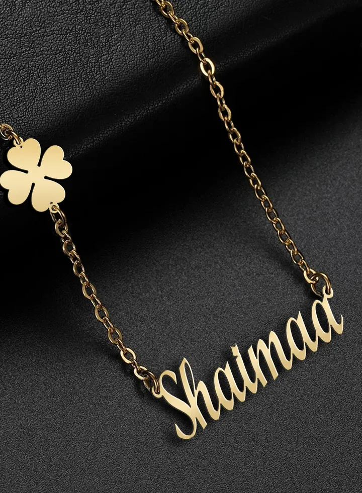 Women's necklace, clover flower pendant, chain with English name pendant, 925 silver, gold plated, Shaimaa name