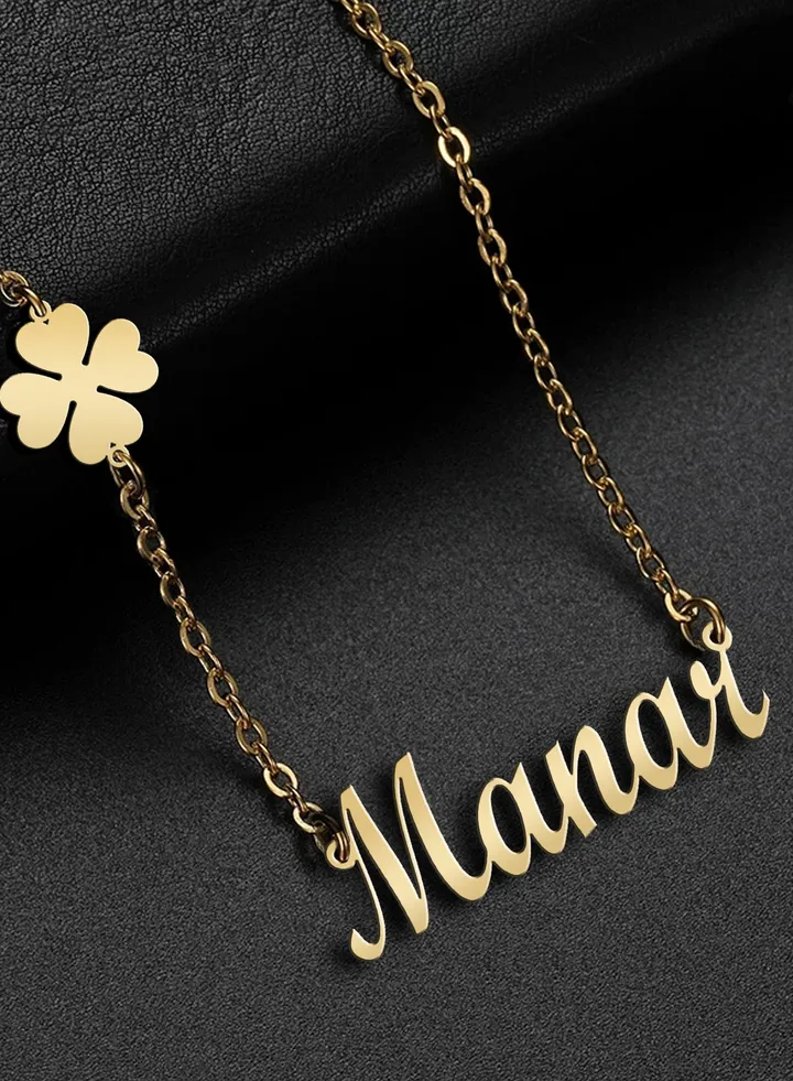Women's necklace, clover flower pendant, chain with English name pendant, 925 silver, gold plated, Manar name