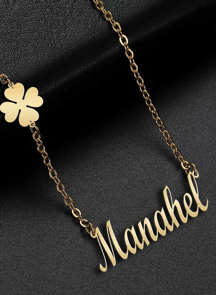 Women's necklace, clover flower pendant, chain with English name pendant, 925 silver, gold plated, Manahel name