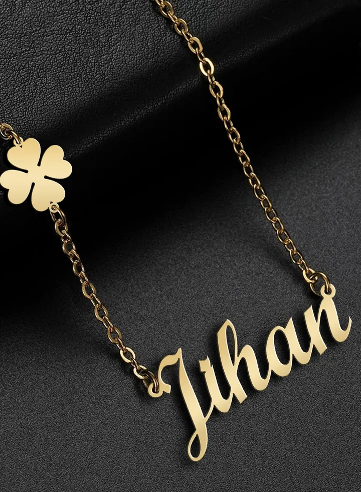 Women's necklace, clover flower pendant, chain with English name pendant, 925 silver, gold plated, Jihan name