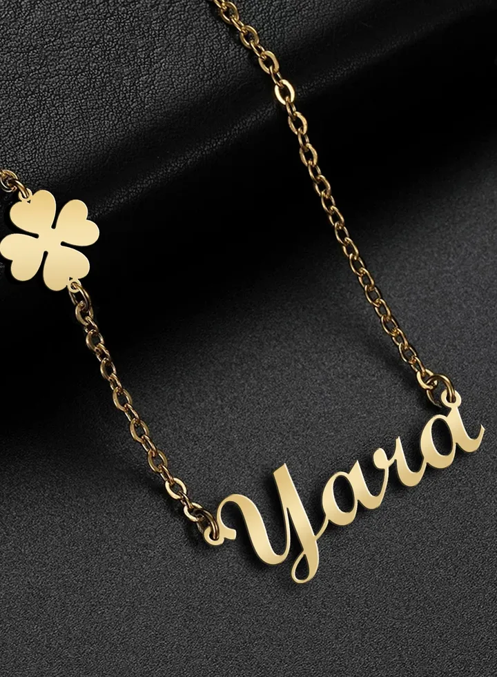Women's necklace, clover flower pendant, chain with English name pendant, 925 silver, gold plated, Yara name