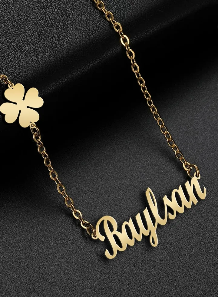 Women's necklace, clover flower pendant, chain with English name pendant, 925 silver, gold plated, Baylsan name
