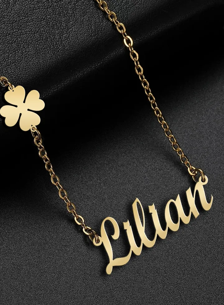 Women's necklace, clover flower pendant, chain with English name pendant, 925 silver, gold plated, Lilian name