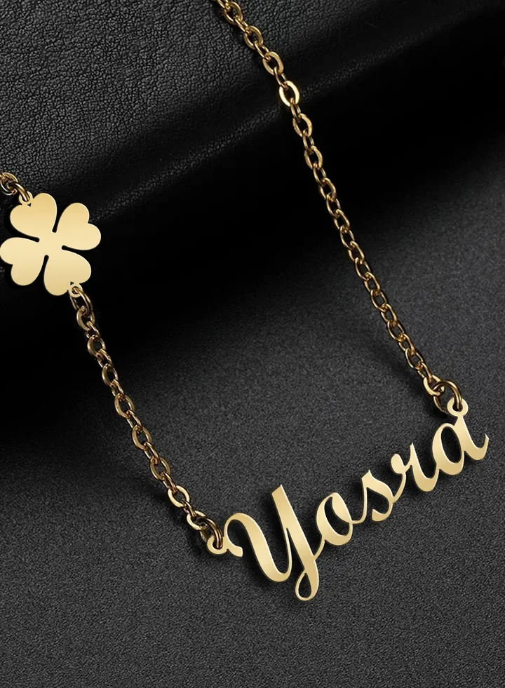 Womens necklace clover flower pendant chain with English name pendant made of 925 silver gold plated Yosra name
