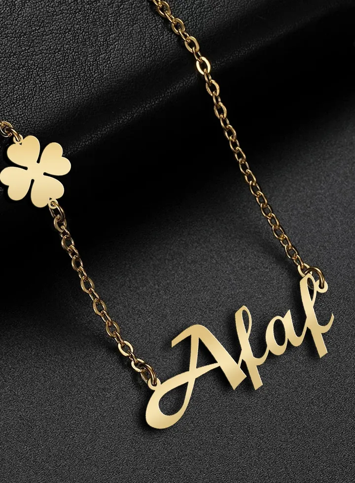 Women's necklace, clover flower pendant, chain with English name pendant, 925 silver, gold plated, Afaf name