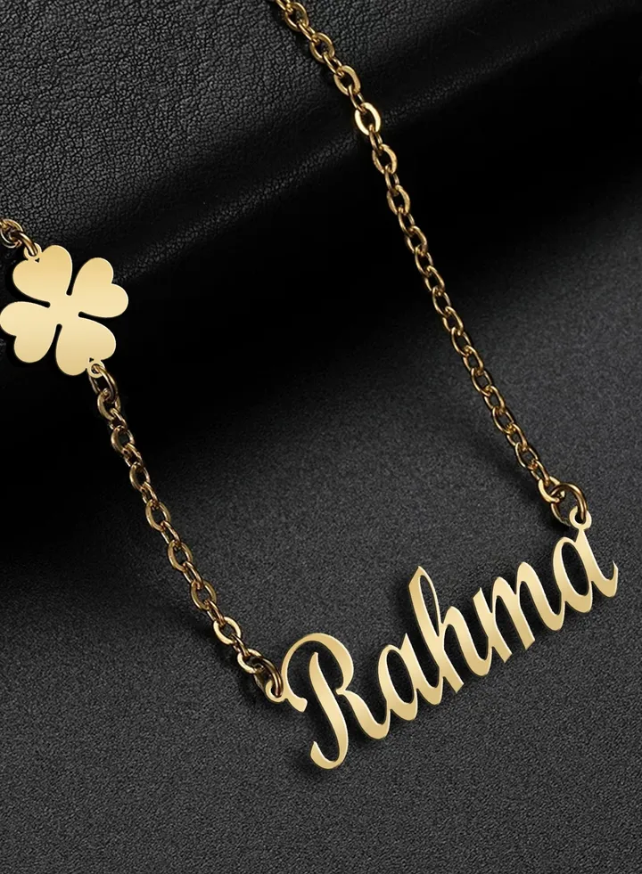 Women's necklace, clover flower pendant, chain with English name pendant, 925 silver, gold plated, Rahma name