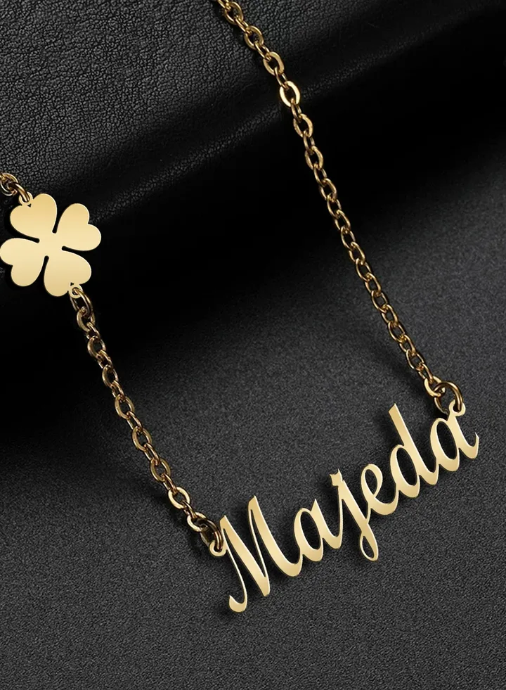 Women's necklace, clover flower pendant, chain with English name pendant, 925 silver, gold plated, Majeda name
