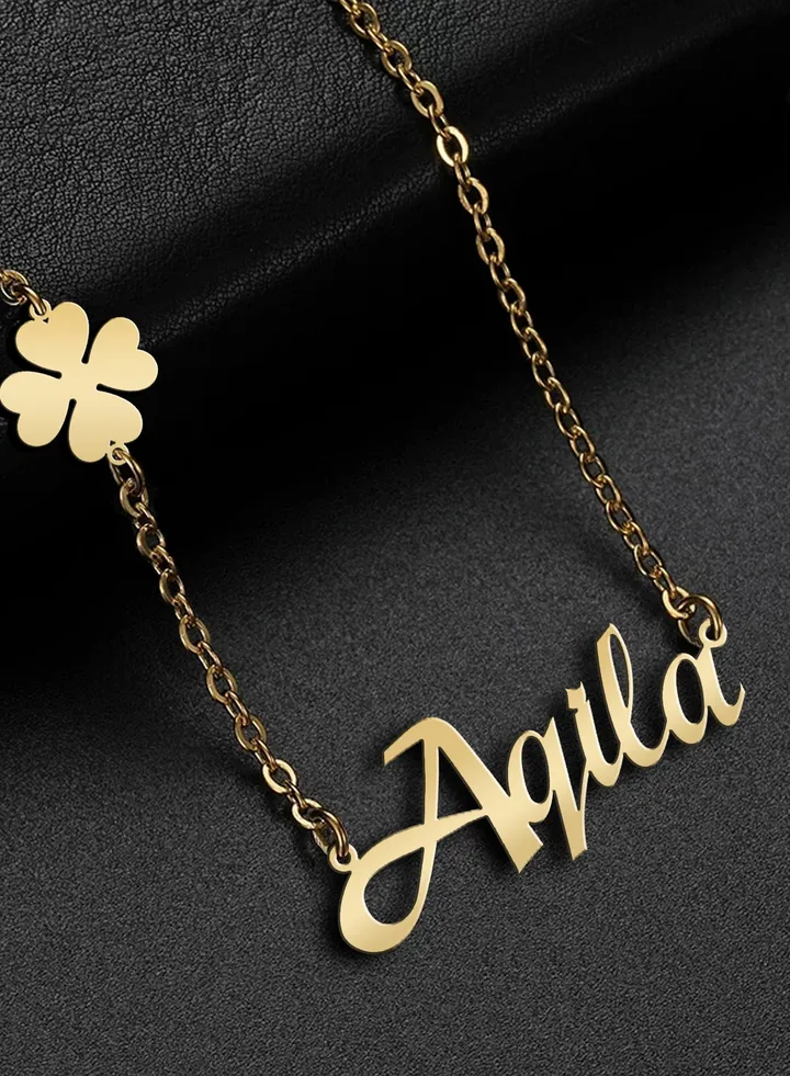 Women's necklace, clover flower pendant, chain with English name pendant, 925 silver, gold plated, Aqila name