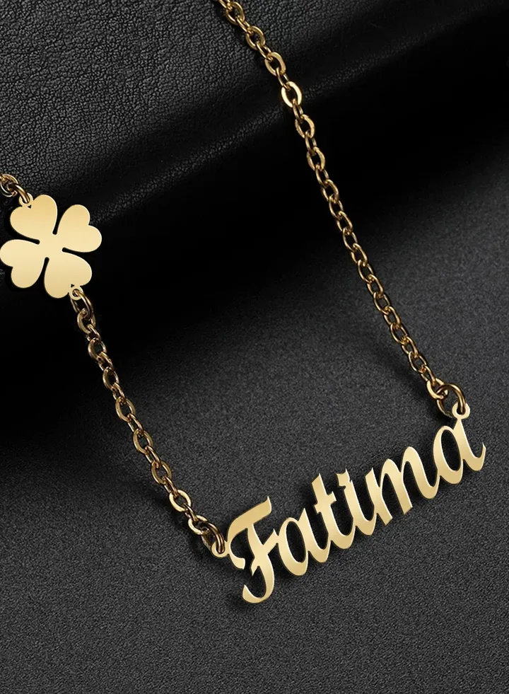 Women's necklace, clover flower pendant, chain with English name pendant, 925 silver, gold plated, Fatima name