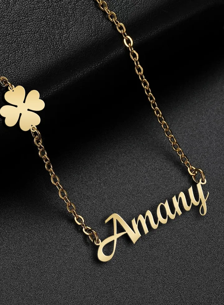 Women's necklace, clover flower pendant, chain with English name pendant, 925 silver, gold plated, Amany name