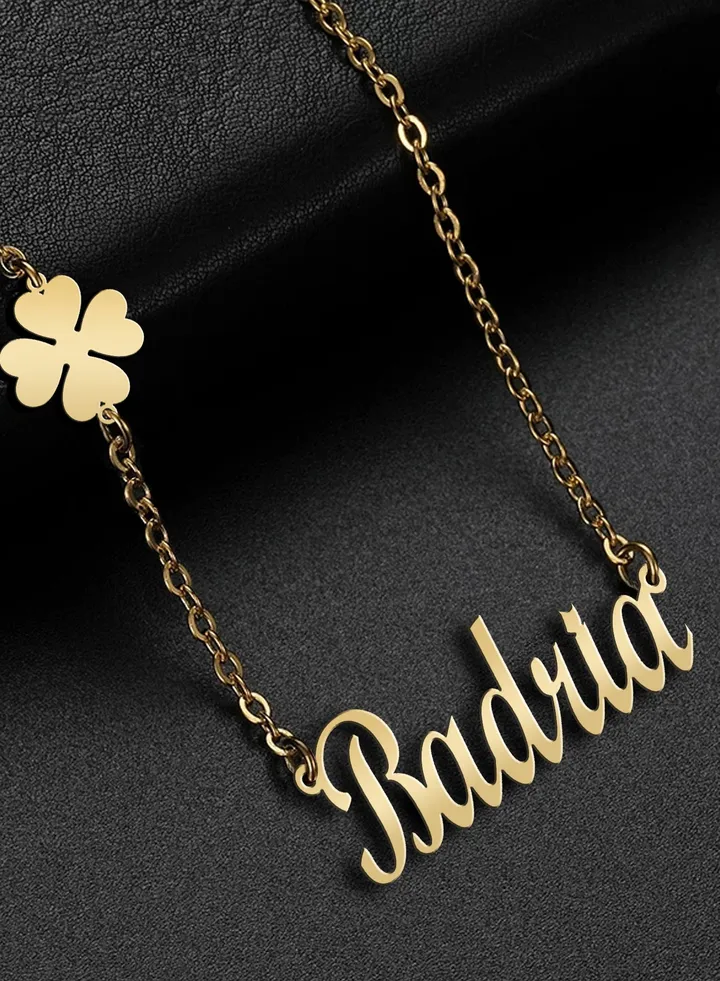 Women's necklace, clover flower pendant, chain with English name pendant, 925 silver, gold plated, Badria name