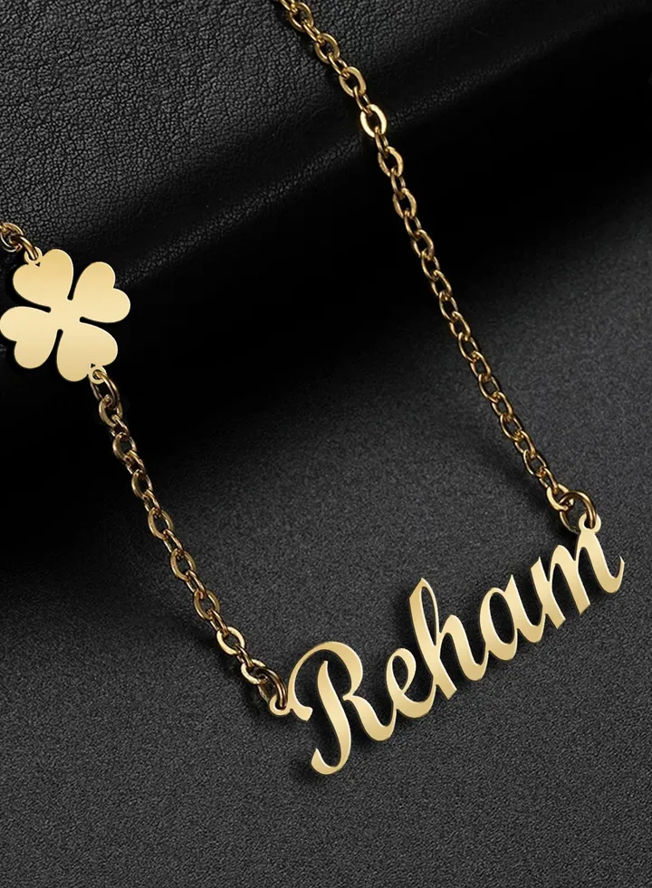 Women's necklace, clover flower pendant, chain with English name pendant, 925 silver, gold plated, Reham name