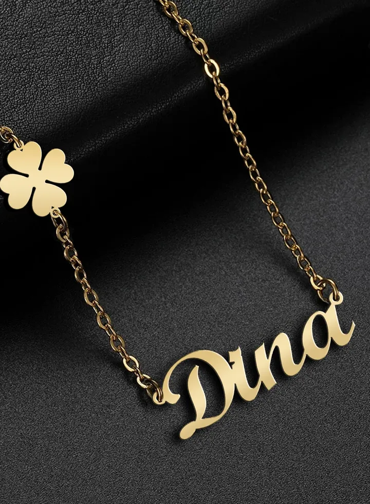 Women's necklace, clover flower pendant, chain with English name pendant, 925 silver, gold plated, Dina name