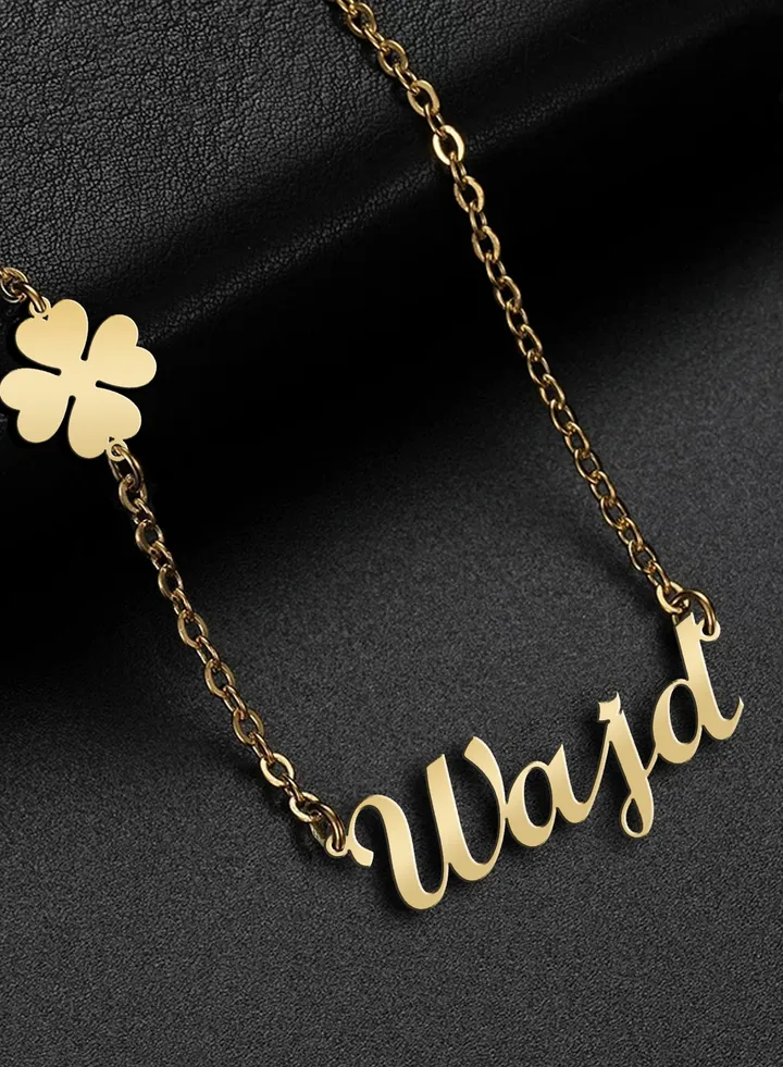 Women's necklace, clover flower pendant, chain with English name pendant, 925 silver, gold plated, Wajd name