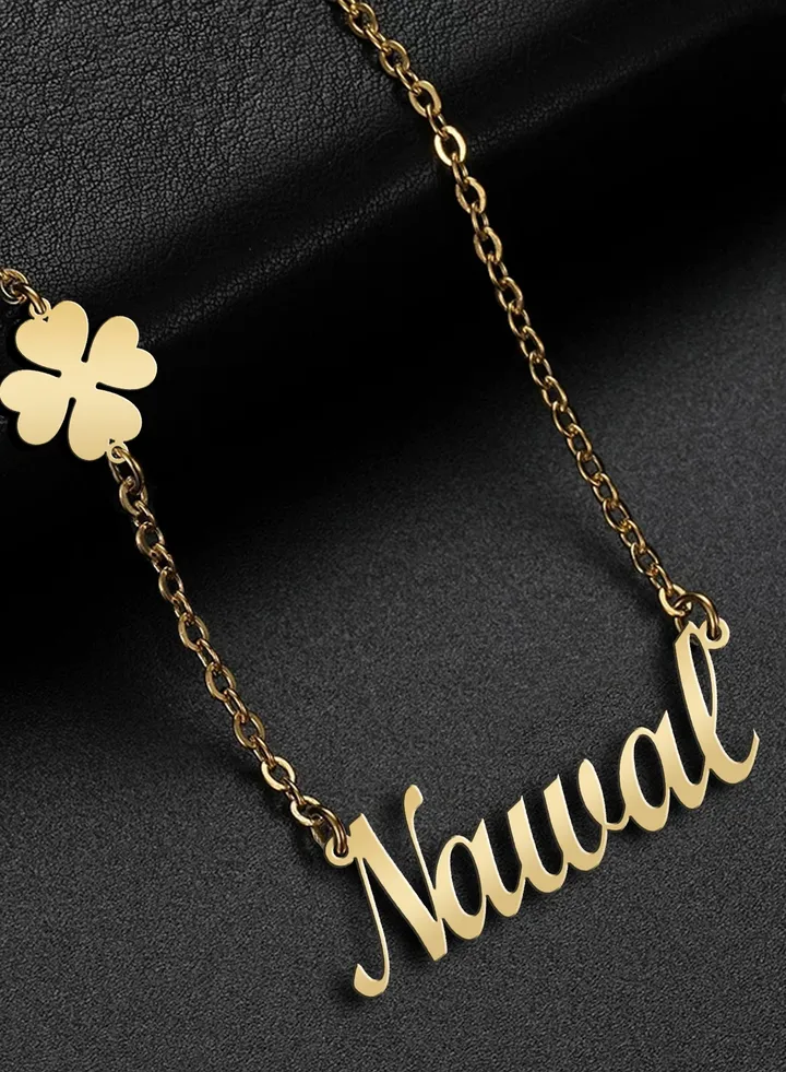 Women's necklace, clover flower pendant, chain with English name pendant, 925 silver, gold plated, Nawal name
