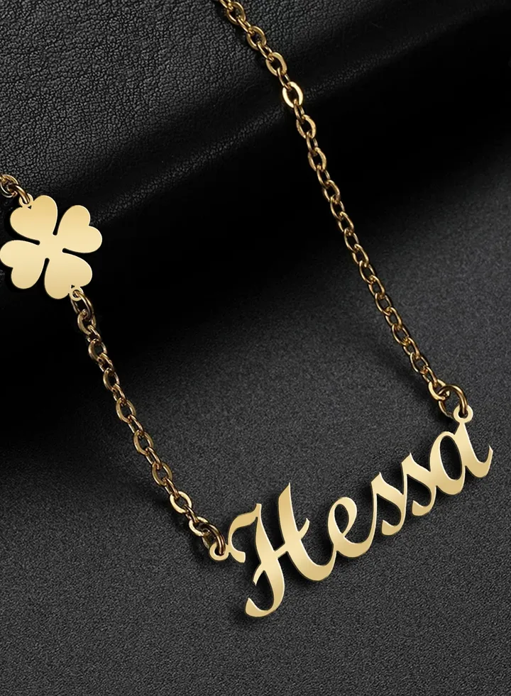 Women's necklace, clover flower pendant, chain with English name pendant, 925 silver, gold plated, Hassa name