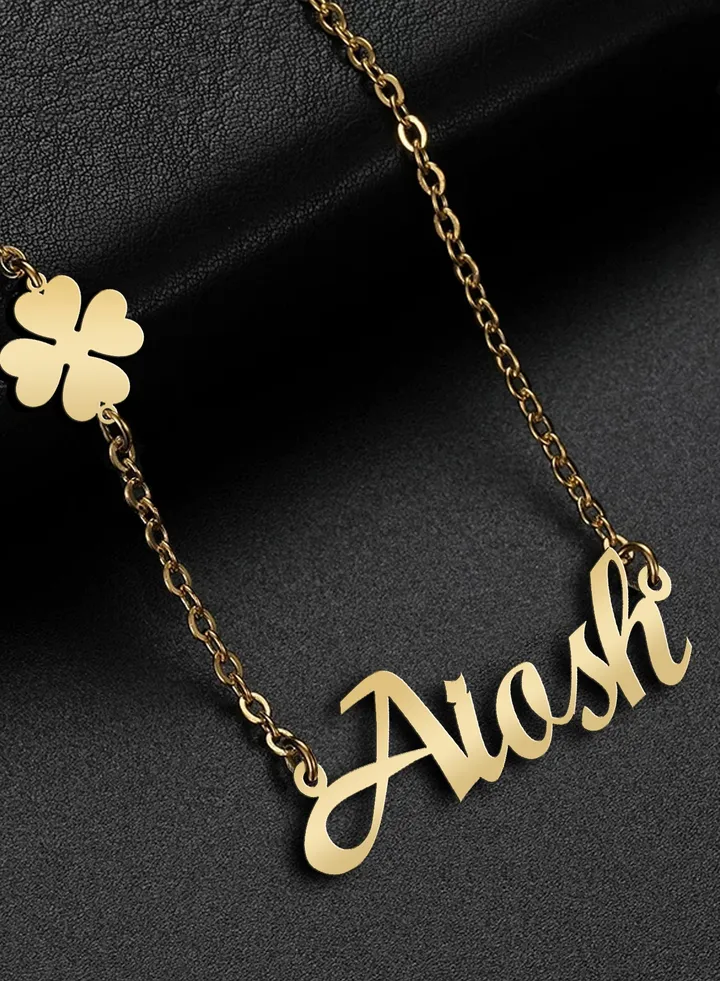 Women's necklace, clover flower pendant, chain with English name pendant, 925 silver, gold plated, Aiosh name