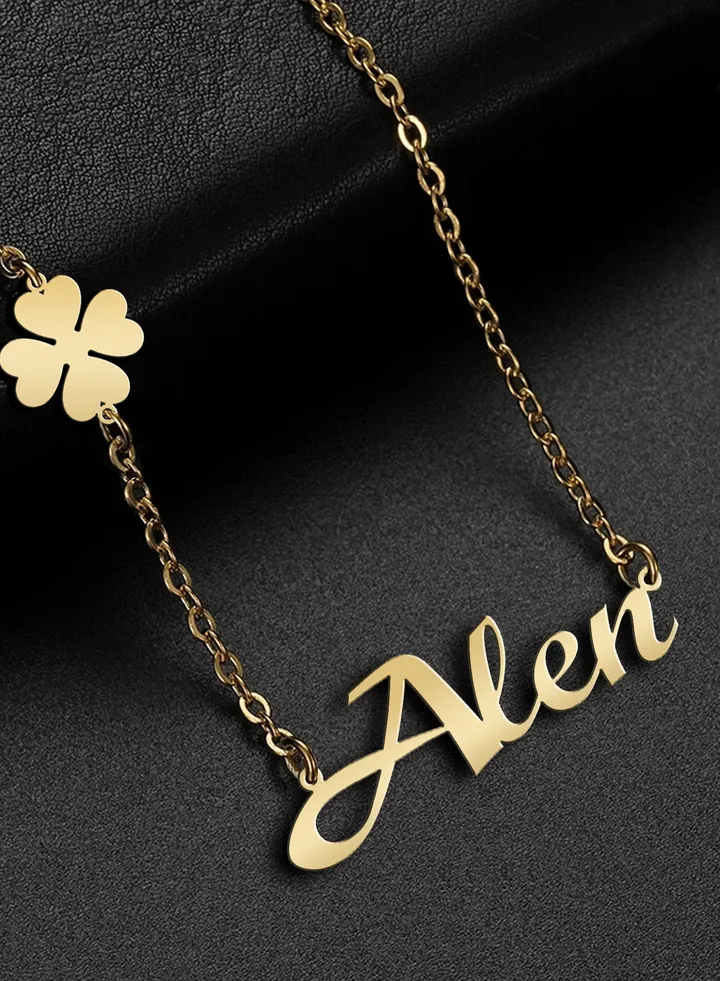 Women's necklace, clover flower pendant, chain with English name pendant, 925 silver, gold plated, Alen name
