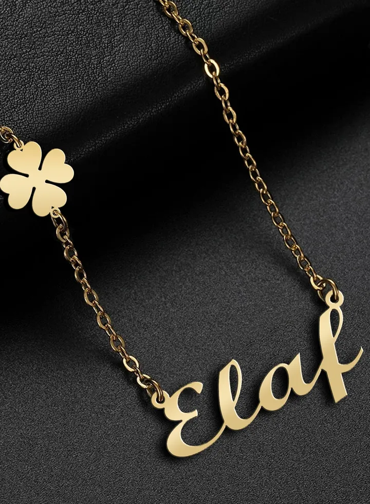 Women's necklace, clover flower pendant, chain with English name pendant, 925 silver, gold plated, Elaf name