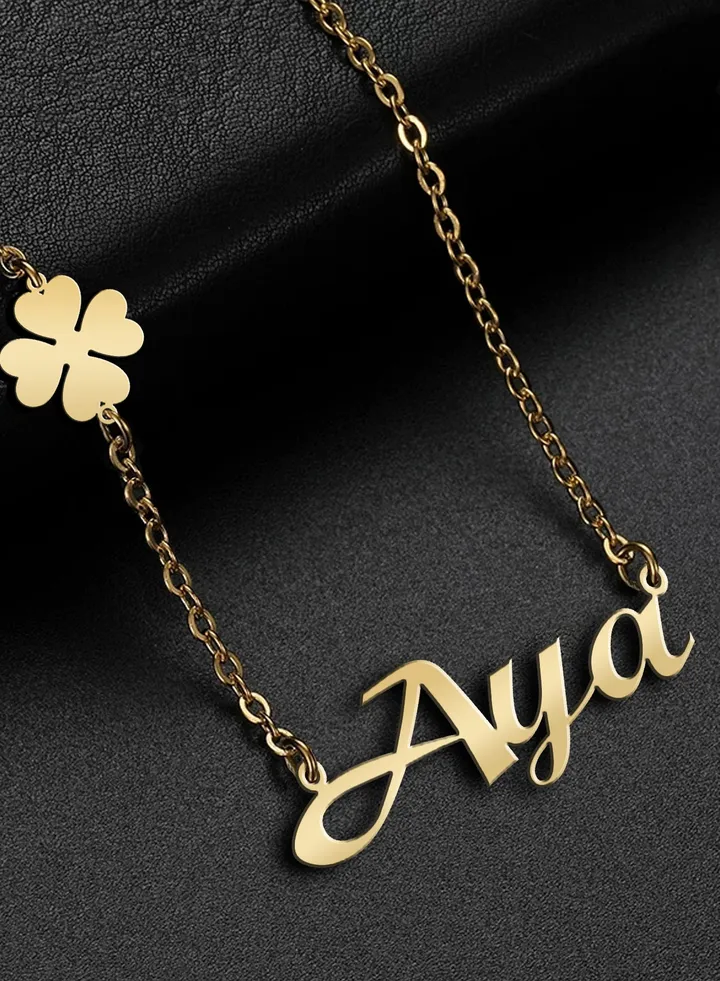 Women's necklace, clover flower pendant, chain with English name pendant, 925 silver, gold plated, Aya name