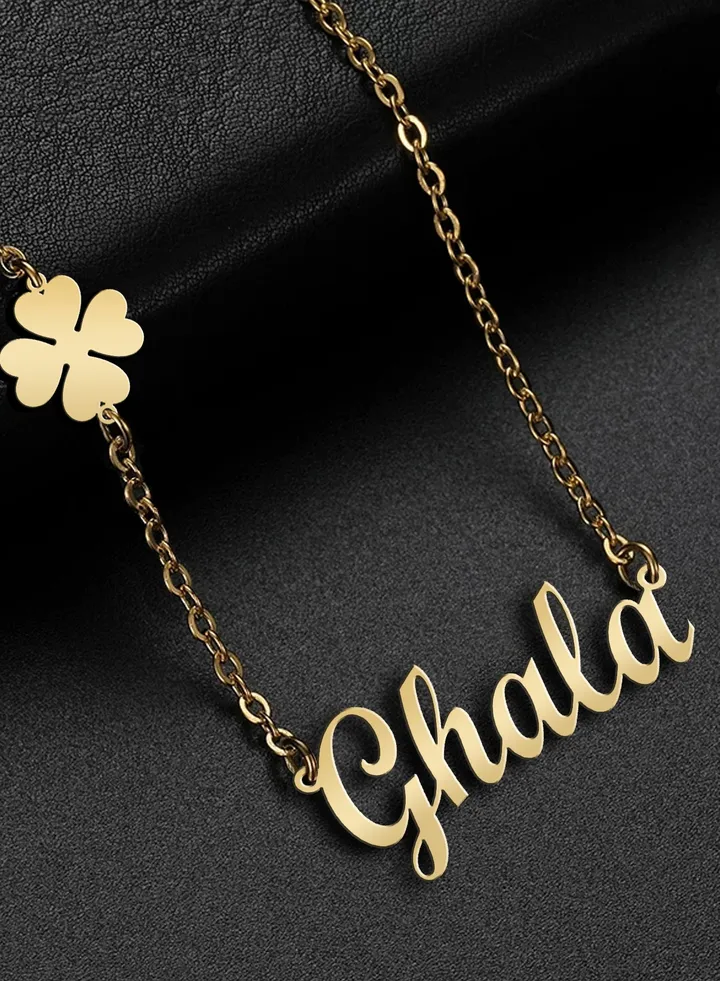 Women's necklace, clover flower pendant, chain with English name pendant, 925 silver, gold plated, Ghala name