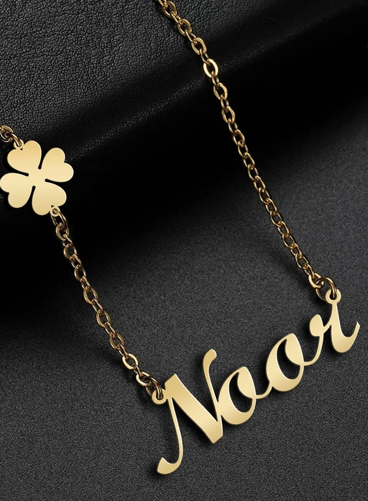 Women's necklace, clover flower pendant, chain with English name pendant, 925 silver, gold plated, Noor name