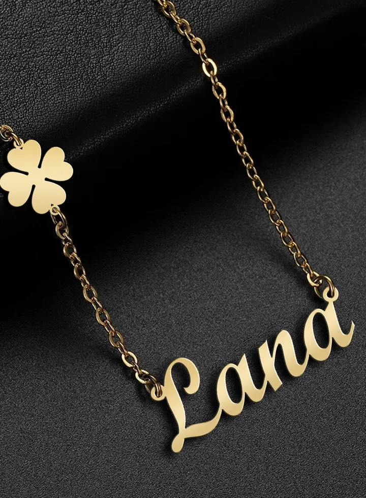 Women's necklace, clover flower pendant, chain with English name pendant, 925 silver, gold plated, Lana name