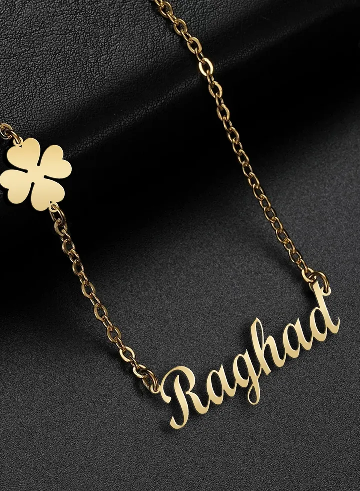 Women's necklace, clover flower pendant, chain with English name pendant, 925 silver, gold plated, Raghad name