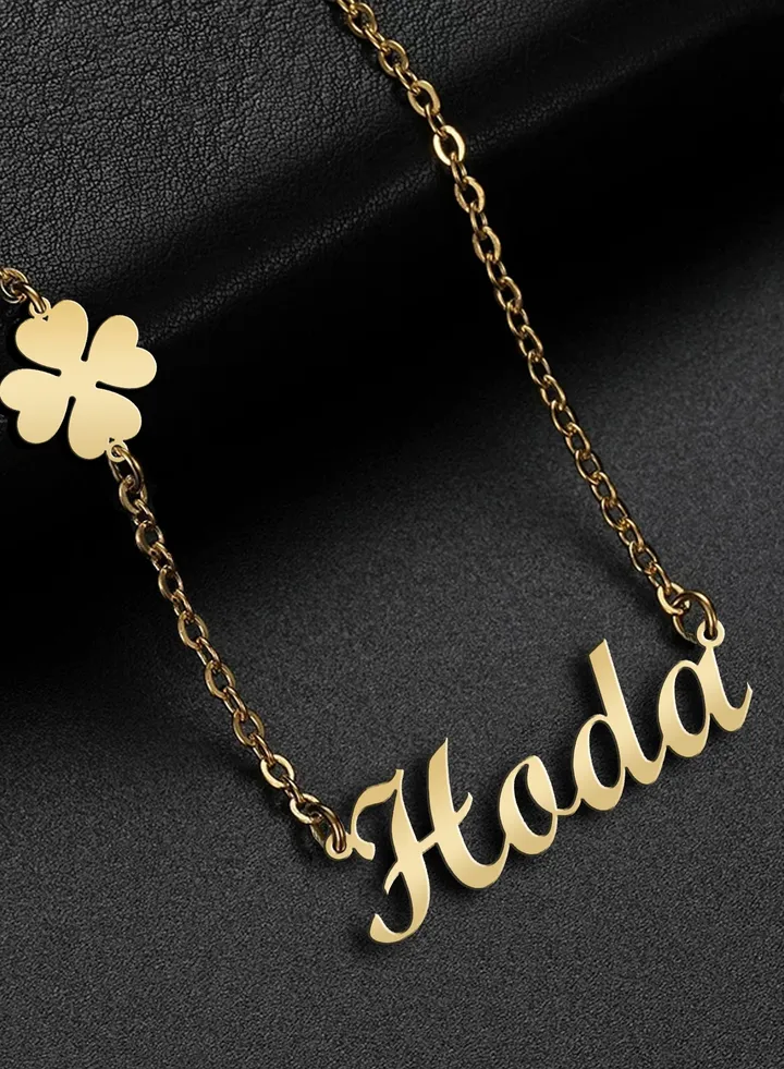 Women's necklace, clover flower pendant, chain with English name pendant, 925 silver, gold plated, Hoda name