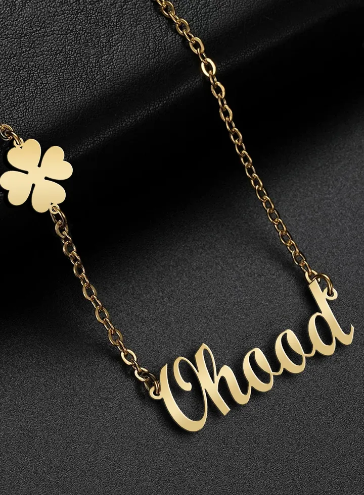 Women's necklace, clover flower pendant, chain with English name pendant, 925 silver, gold plated, Ohood name