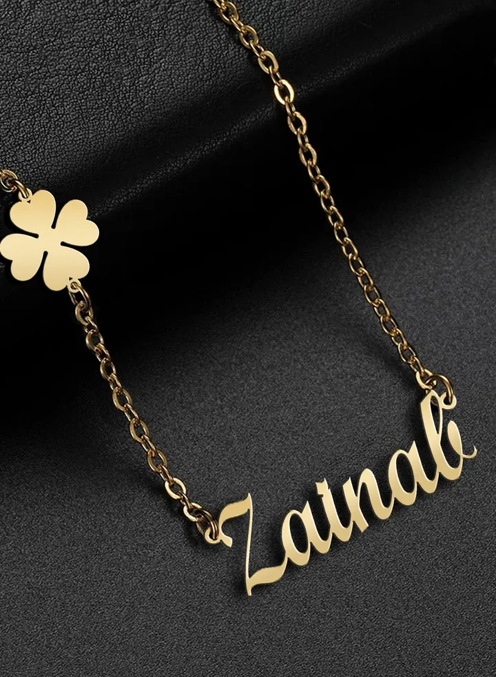 Women's necklace, clover flower pendant, chain with English name pendant, 925 silver, gold plated, Zainad name