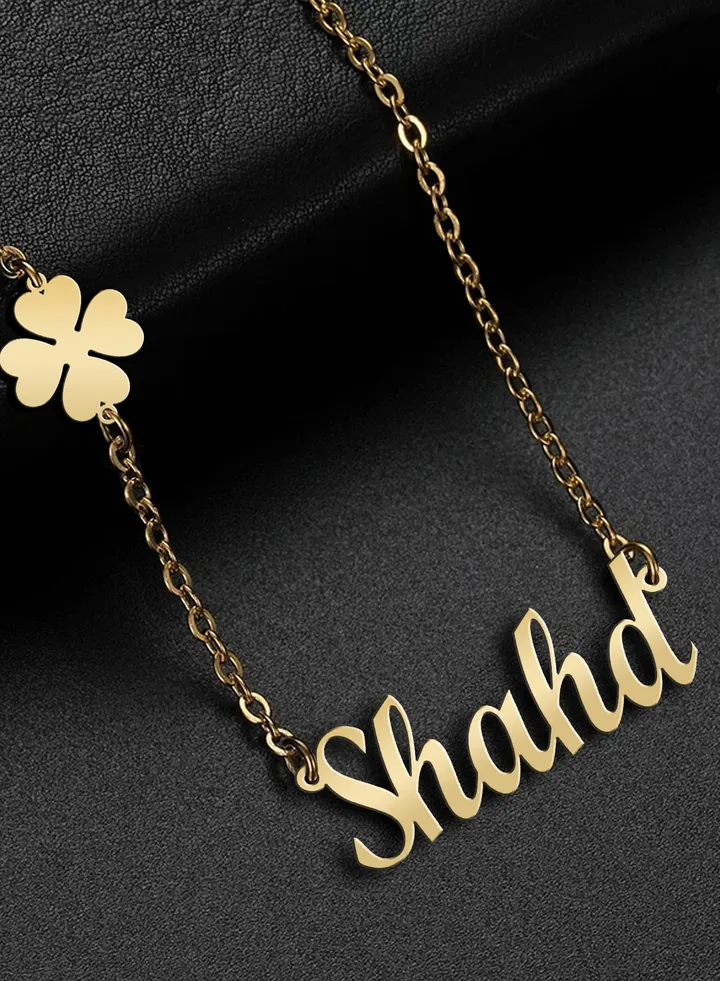 Women's necklace, clover flower pendant, chain with English name pendant, 925 silver, gold plated, Shahd name