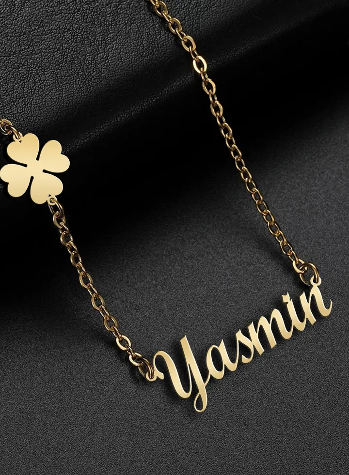 Women's necklace, clover flower pendant, chain with English name pendant, 925 silver, gold plated, Yasmin name
