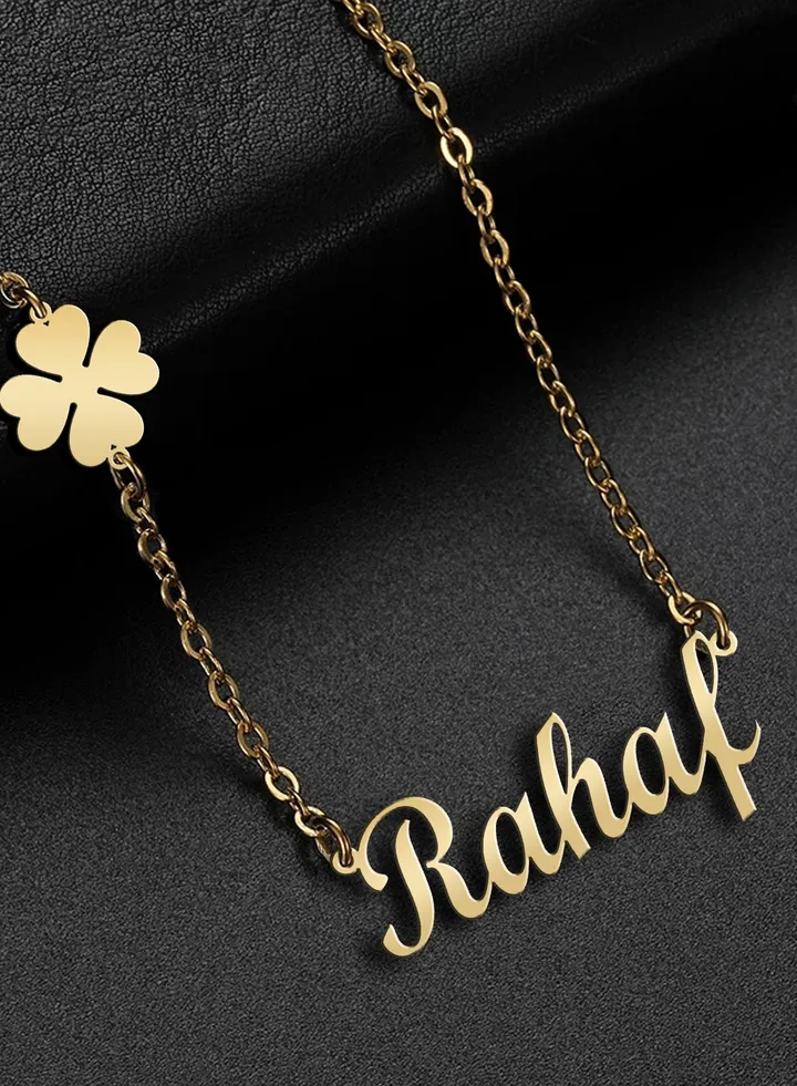 Women's necklace, clover flower pendant, chain with English name pendant, 925 silver, gold plated, Rahaf name