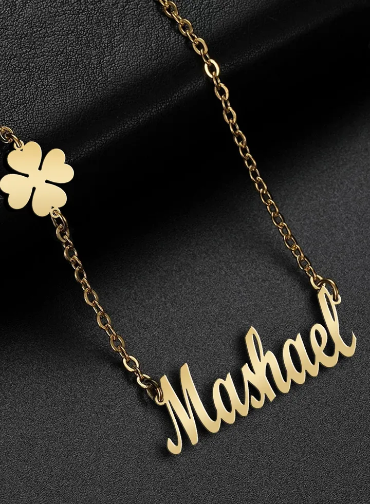 Women's necklace, clover flower pendant, chain with English name pendant, 925 silver, gold plated, Mashael name
