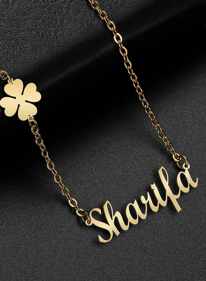 Women's necklace, clover flower pendant, chain with English name pendant, 925 silver, gold plated, Sharifa name