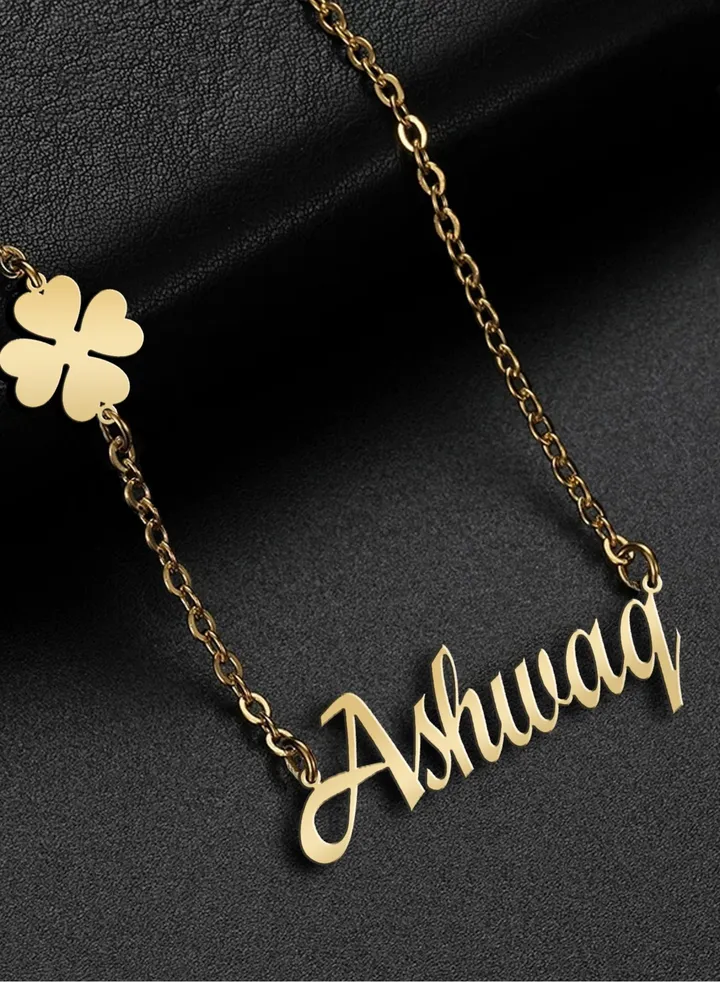 Womens necklace chain with name pendant made of 925 silver gold plated the name Ashwaq