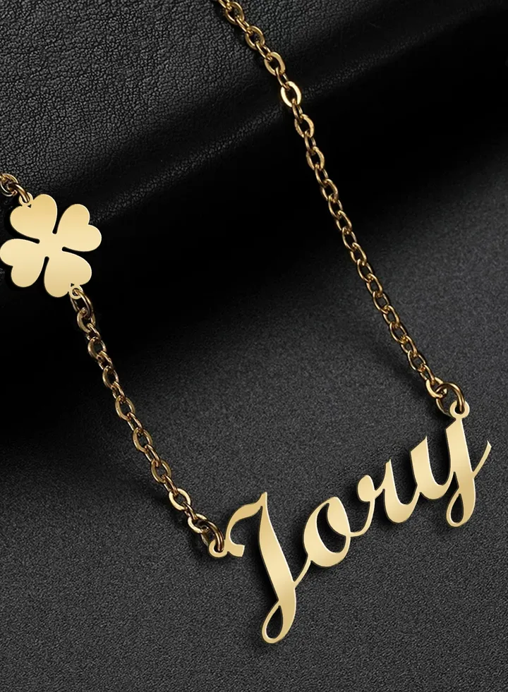 Women's necklace, clover flower pendant, chain with English name pendant, 925 silver, gold plated, Jory name