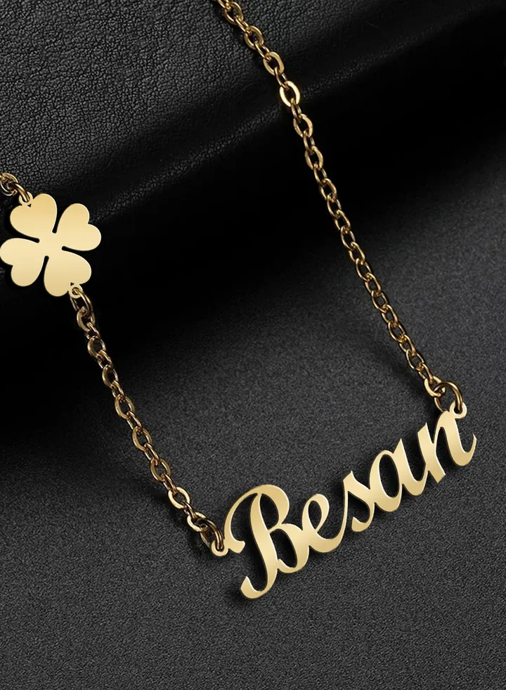 Women's necklace, clover flower pendant, chain with English name pendant, 925 silver, gold plated, Besan name